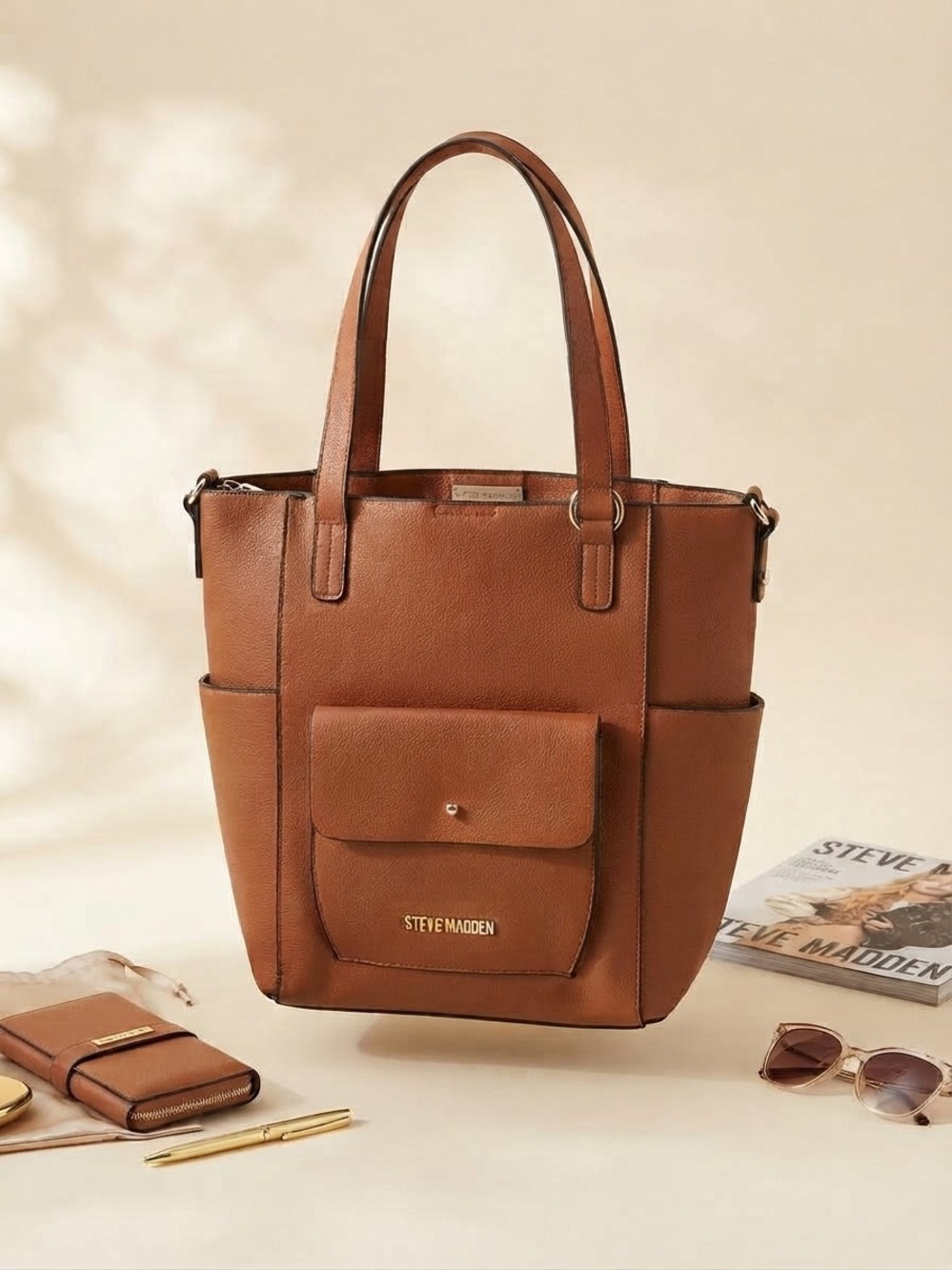 Steve Madden Tan Pebbled Tote with Front Pocket